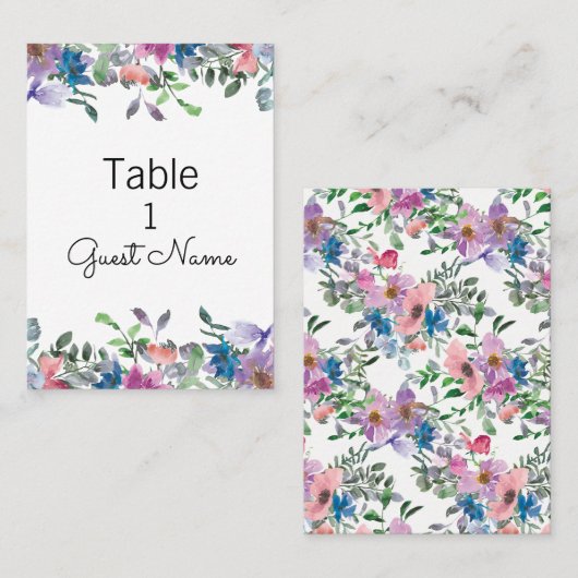 Carte De Placement Aquarelle bleu rose violet Floral Mariage invité (Devant / Derrière)