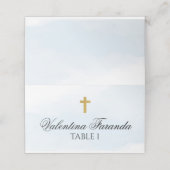 Carte De Placement Aquarelle Bleue Avec Baptême Croix Or (Extérieur déplié)