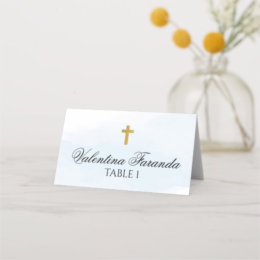 Carte De Placement Aquarelle Bleue Avec Baptême Croix Or (Devant)