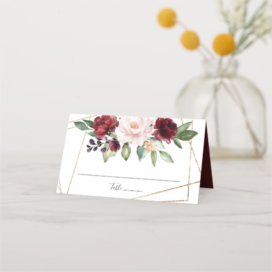 Carte De Placement Aquarelle Bourgogne Blush Floral Or Géométrique (Devant)