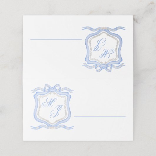 Carte De Placement Aquarelle Designer Blue Monogram Crest Mariage (Extérieur déplié)
