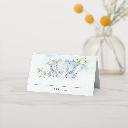 Carte De Placement Aquarelle Elephant Twins Garçon Baby shower fille (Devant)