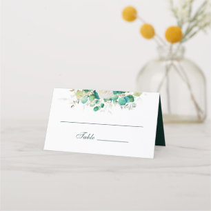Carte De Placement Aquarelle Emeraude Vert Eucalyptus Roses blanches