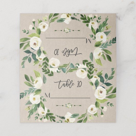 Carte De Placement Aquarelle Fleurs blanches Mariage toile lin (Extérieur déplié)