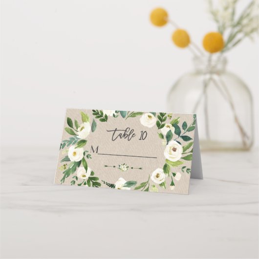 Carte De Placement Aquarelle Fleurs blanches Mariage toile lin (Devant)
