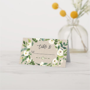 Carte De Placement Aquarelle Fleurs blanches Mariage toile lin