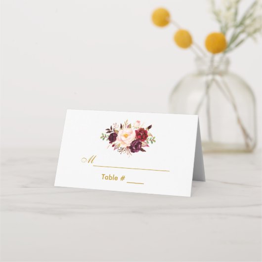 Carte De Placement Aquarelle Floral Bourgogne Mariage or (Devant)
