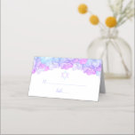 Carte De Placement Aquarelle florale Bat mitzvah Hydrangea bleu rose<br><div class="desc">Pour vos fêtes Bat mitzvah, ces cartes de place florales ajouteront une touche de perfection à votre table. Ce design présente une bordure supérieure de délicates fleurs d'hydrangée couleur aquarelle dans les tons rose, lavande et bleu aqua. Le devant de la carte de place a une étoile de David et...</div>