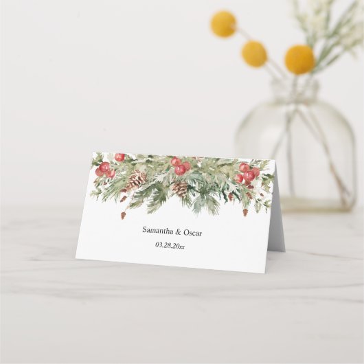 Carte De Placement Aquarelle Hiver Pine verte Arbre et Pine Cône (Dos)