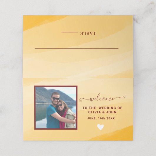 Carte De Placement Aquarelle jaune moderne photo mariage plié (Extérieur déplié)