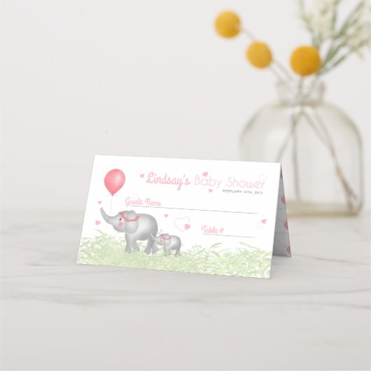 Carte De Placement Aquarelle maman & bébé Eléphants Coeur rose Motif (Devant)