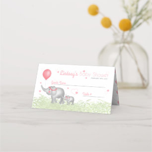 Carte De Placement Aquarelle maman & bébé Eléphants Coeur rose Motif
