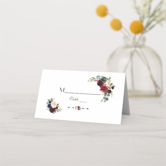 Carte De Placement Aquarelle Merlot Marine bleu Floral Numéro de tabl (Devant)