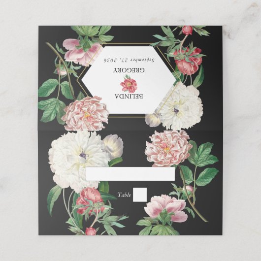 Carte De Placement Aquarelle Peonies rose Fleurs Mariage Noir (Extérieur déplié)