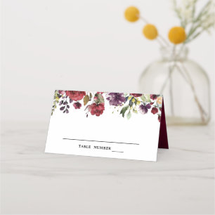 Carte De Placement Aquarelle romantique Bourgogne Rouge Blush Rose Fl