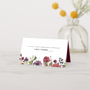Carte De Placement Aquarelle romantique Bourgogne Rouge Blush Rose Fl