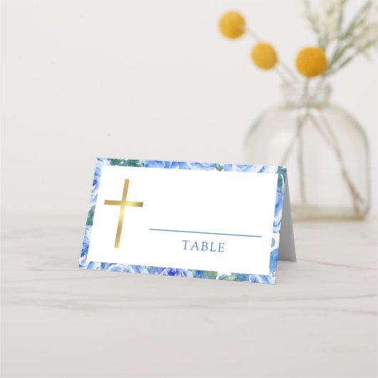 Carte De Placement Aquarelle Rose Dusty Baptême bleu garçon (Devant)