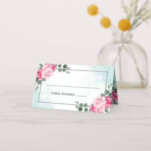 Carte De Placement Aquarelle rose et argent Mariage floral (Devant)