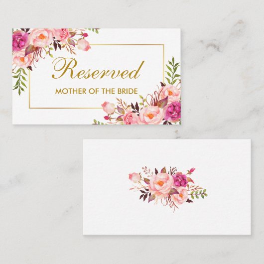 Carte De Placement Aquarelle rose Floral Or Mariage Nom réservé (Devant / Derrière)