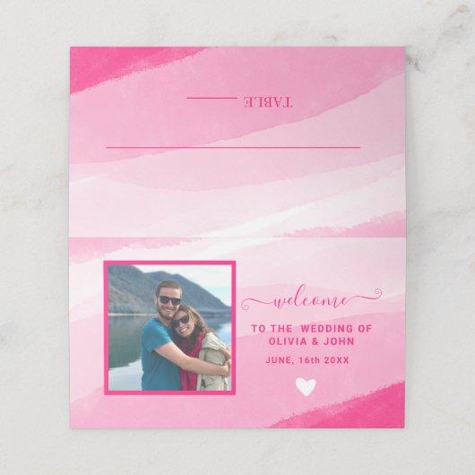Carte De Placement Aquarelle rose moderne photo mariage plié (Extérieur déplié)