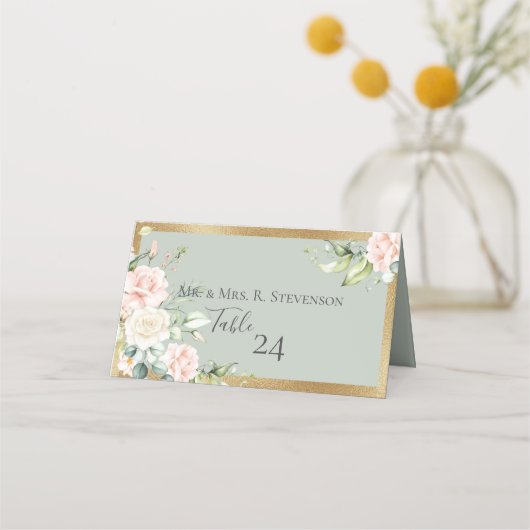 Carte De Placement Aquarelle rose pâle Élégant Script vert (Dos)