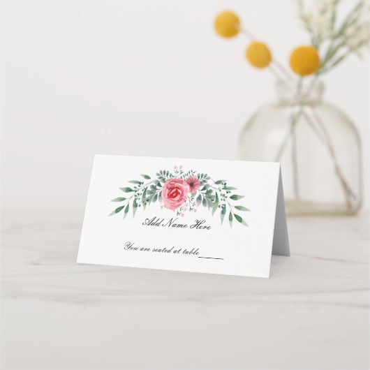 Carte De Placement Aquarelle Rose Rose Vert Feuillage (Devant)
