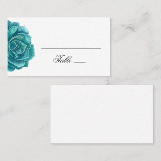 Carte De Placement Aquarelle succulente. Mariage turquoise et bleu. C (Devant / Derrière)