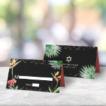 Carte De Placement Aquarelle tropicale Bat mitzvah d'or noir<br><div class="desc">Aucune fête Bat mitzvah n'est complète sans cartes de lieux personnalisées. Laissez votre Bat mitzvah préféré être fier, se réjouir et célébrer son jalon à sa fête parfaitement coordonnée. Élégant, étonnant, coloré, aquarelle tropicale oiseau de fleurs de paradis, faux étoile dorée de David et points de parties scintillant, ainsi que...</div>