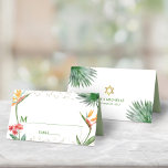 Carte De Placement Aquarelle tropicale Bat mitzvah d'or vert<br><div class="desc">Aucune fête Bat mitzvah n'est complète sans cartes de lieux personnalisées. Laissez votre Bat mitzvah préféré être fier, se réjouir et célébrer son jalon à sa fête parfaitement coordonnée. Élégant, étonnant, coloré, aquarelle tropicale oiseau de fleurs de paradis, faux étoile or de David et des points de parties scintillant, avec...</div>
