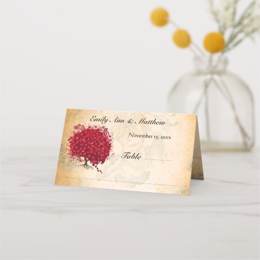 Carte De Placement Arbre à feuilles en forme de cœur rouge de mariage (Devant)