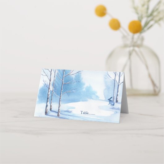 Carte De Placement Arbres blancs bleus Lapin Mariage d'hiver (Devant)
