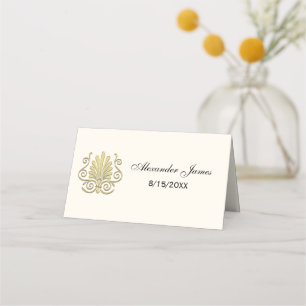 Carte De Placement Art Déco Fan Feather Escort Card Place Gold Ivory