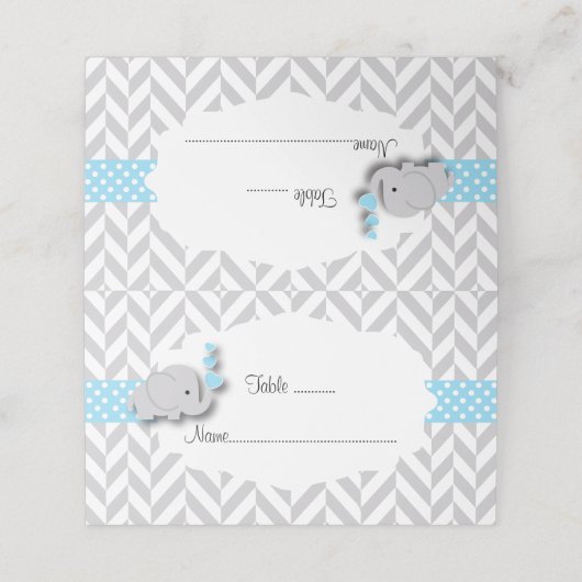Carte De Placement Baby shower éléphant bleu et gris | À double face (Extérieur déplié)