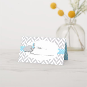 Carte De Placement Baby shower éléphant bleu et gris À double face