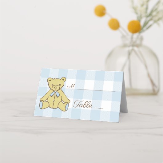 Carte De Placement Baby shower Garçon Ours Bleu Blanc Plaid (Devant)
