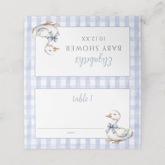 Carte De Placement Baby shower Silencieux En vichy bleu petit oie (Extérieur déplié)