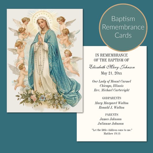 Carte De Placement Baptême catholique Mère religieuse Marie et Anges
