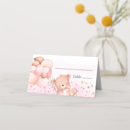 Carte De Placement Baptême mignonne Teddy Ours Rose Girl (Devant)