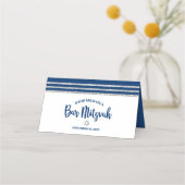 Carte De Placement Bar Mitzvah Modern Navy Blue Silver Tallit Script (Dos)