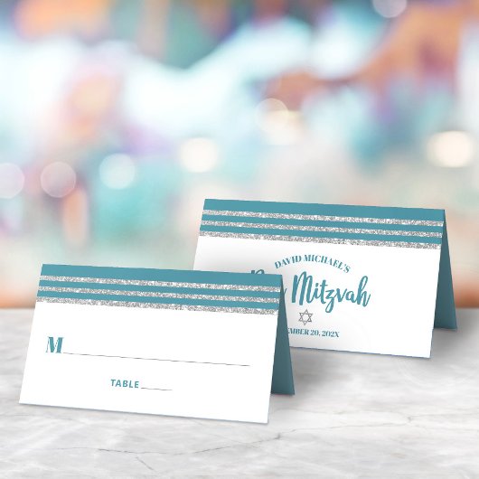 Carte De Placement Bar Mitzvah Turquoise Talit Argent Écriture Modern