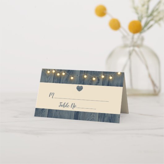 Carte De Placement Barne Bleue Rustique Bois Chaîne Lumières Mariage (Devant)