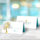 Carte De Placement Bat mitzvah d'or moderne et Turquoise Arbre de vie<br><div class="desc">Aucune fête Bat mitzvah n'est complète sans cartes de lieux personnalisées. Laissez votre Bat mitzvah préféré être fier, se réjouir et célébrer son jalon à sa fête parfaitement coordonnée. Cet arbre sophistiqué, chic, étonnant, graphique faux feuille d'or avec brillamment violet, turquoise, turquoise et bleu Star de David et point "feuilles"...</div>