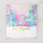 Carte De Placement BAT MITZVAH mignon rose pourpre aqua or aquarelle (Extérieur déplié)