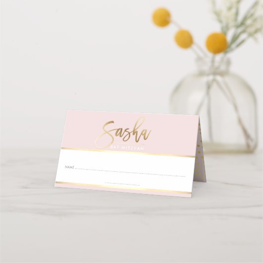 Carte De Placement BAT MITZVAH moderne rose pâle nom d'or SASHA (Devant)