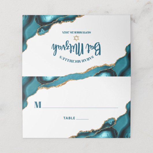 Carte De Placement Bat mitzvah Turquoise Or Agate Simple Moderne (Extérieur déplié)