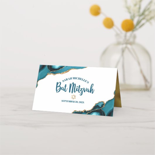 Carte De Placement Bat mitzvah Turquoise Or Agate Simple Moderne (Dos)