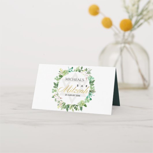CARTE DE PLACEMENT BAT MITZVAH WREATSTAR BAR GREEN GOLD FOLIAGE (Dos)