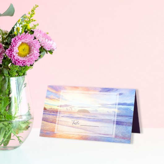 Carte De Placement Beach Watercolor Rose Sunrise Mariage