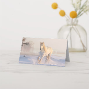 Carte De Placement Beau Cheval Blanc Galloping dans la neige