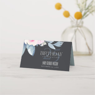 CARTE DE PLACEMENT BLACK DOUX BLEU BLEU FLORAL 25E TOUT ÂGE ANNIVERSA